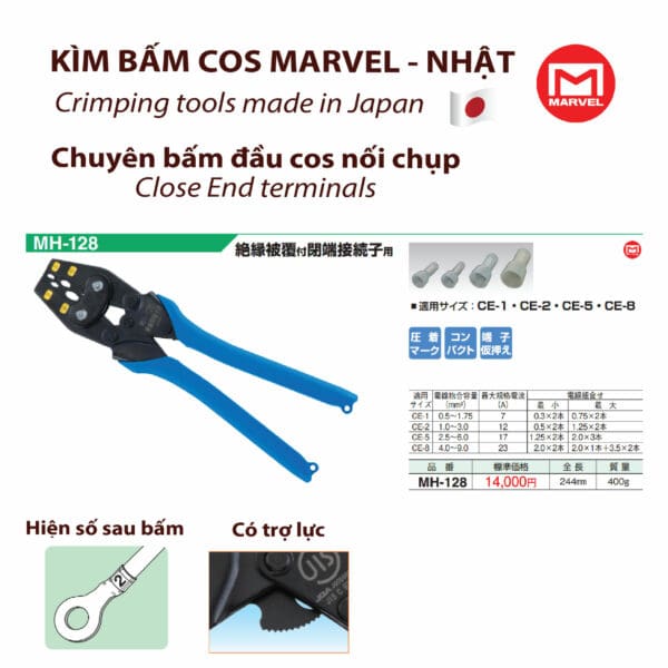 Kìm bấm cos MH-128 Marvel Nhật Bản, chuyên bấm đầu cosse nối chụp nhựa CE1 CE2 CE5 CE8; kìm bấm cos marvel; kìm bấm đầu cos hãng marvel; kìm tay thương hiệu marvel; kìm bấm nhãn hiệumarvel; mua kìm bấm cos chính hãng marvel; đại lý phân phối kìm bấm cos hãng marvel; nhà cung cấp kìm bấm cosse hãng marvel; kìm marvel mh-3s mh-5s mh-5 mh-8 mh-14 mh-22 mh-38; kim bam cos marvel mh-3s; kim bam cos marvel; kim marvel; mua kim marvel mh-3s; duotech; dụng cụ bấm cos; kìm bấm cos bằng tay; kìm bấm đầu cos; kiem bam cos; kìm bấm đầu cốt dây điện