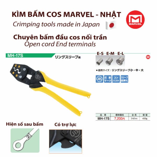 Kìm bấm cos MH-17S Marvel Nhật Bản, chuyên bấm đầu cosse nối trần E-S tiểu, E-M trung, E-L đại; kìm bấm cos marvel; kìm bấm đầu cos hãng marvel; kìm tay thương hiệu marvel; kìm bấm nhãn hiệumarvel; mua kìm bấm cos chính hãng marvel; đại lý phân phối kìm bấm cos hãng marvel; nhà cung cấp kìm bấm cosse hãng marvel; kìm marvel mh-3s mh-5s mh-5 mh-8 mh-14 mh-22 mh-38; kim bam cos marvel mh-3s; kim bam cos marvel; kim marvel; mua kim marvel mh-3s; duotech; dụng cụ bấm cos; kìm bấm cos bằng tay; kìm bấm đầu cos; kiem bam cos; kìm bấm đầu cốt dây điện