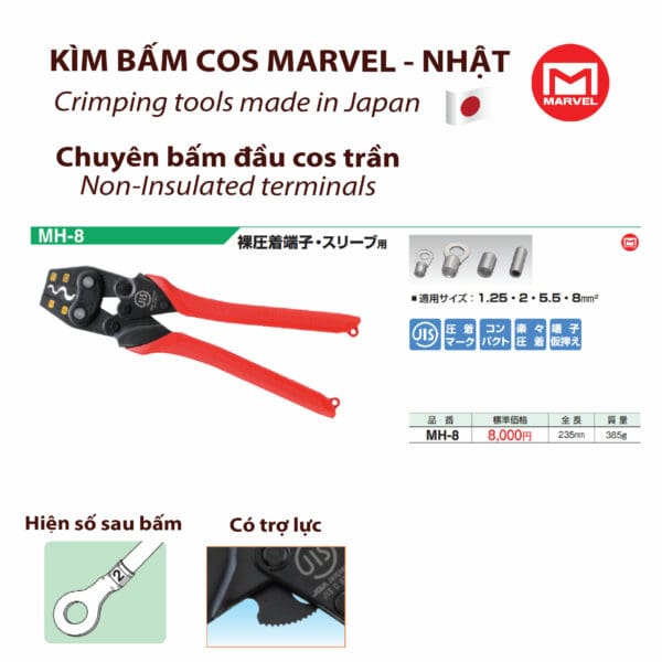 Kìm bấm cos MH-8 Marvel Nhật Bản, chuyên bấm đầu cosse trần size 1.25 2 5.5 8 mm2; kìm bấm cos marvel; kìm bấm đầu cos hãng marvel; kìm tay thương hiệu marvel; kìm bấm nhãn hiệumarvel; mua kìm bấm cos chính hãng marvel; đại lý phân phối kìm bấm cos hãng marvel; nhà cung cấp kìm bấm cosse hãng marvel; kìm marvel mh-3s mh-5s mh-5 mh-8 mh-14 mh-22 mh-38; kim bam cos marvel mh-3s; kim bam cos marvel; kim marvel; mua kim marvel mh-3s; duotech; dụng cụ bấm cos; kìm bấm cos bằng tay; kìm bấm đầu cos; kiem bam cos; kìm bấm đầu cốt dây điện